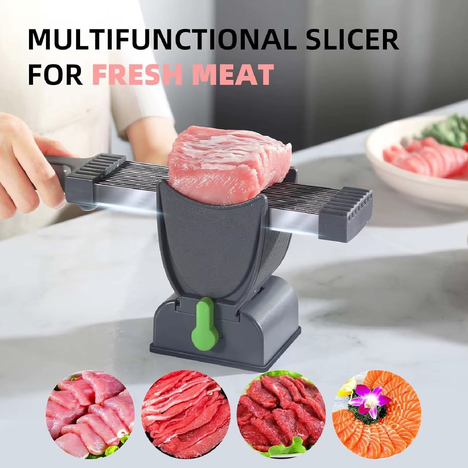 Versatile Stainless Steel Manual Meat Slicer Handheld Meat Dicer with Holder,Sharpener,Brush & Sheath for Slices, Shreds & Grain